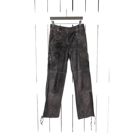 Vintage brown suede leather drawstring ankle cargo style pants